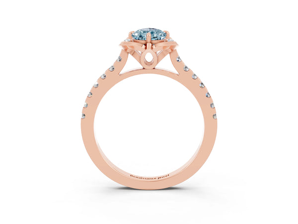 Rose gold Pear Cut Aquamarine Ring with Pavé Band and Floral Prong Setting