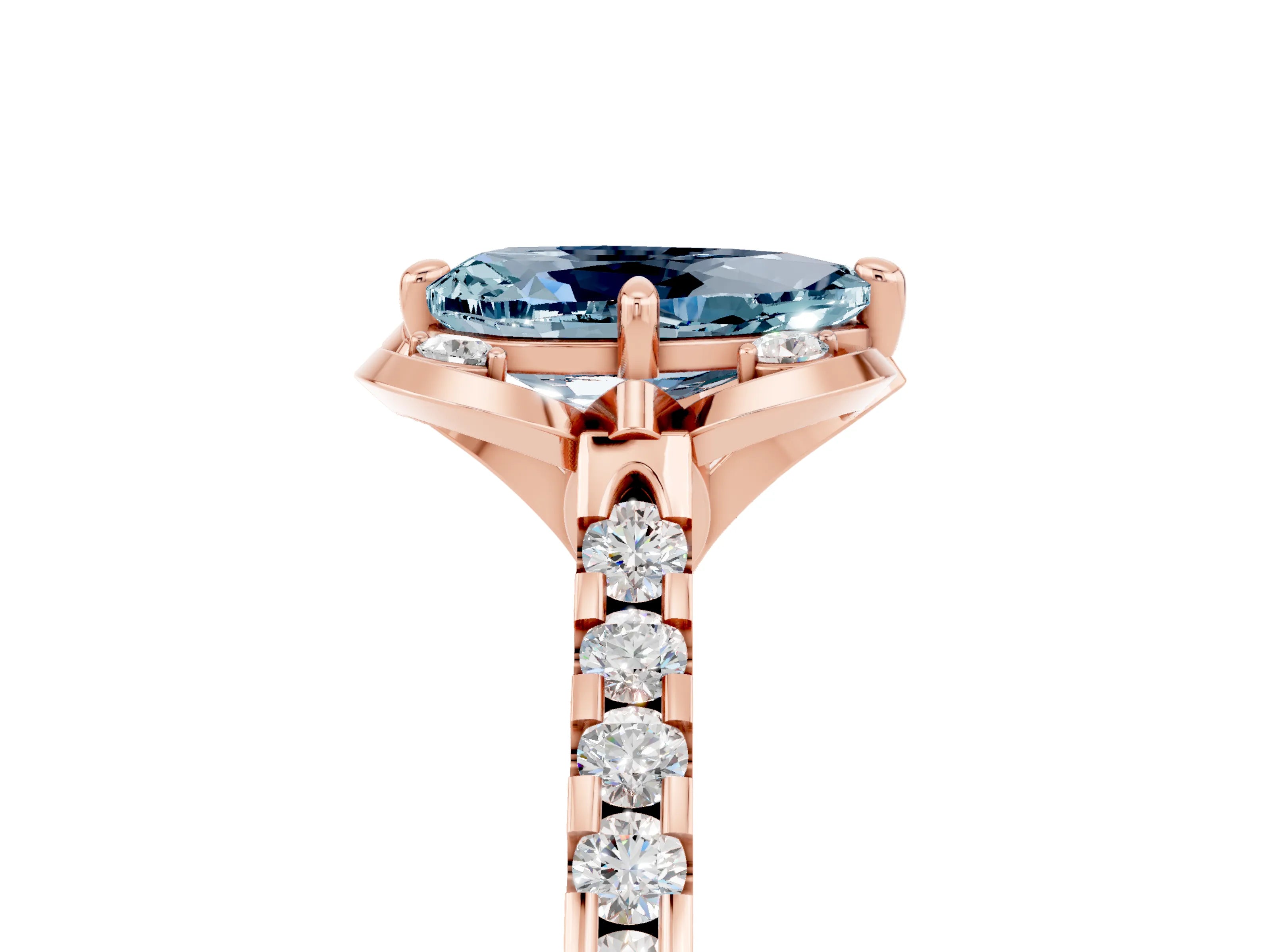 Rose gold Pear Cut Aquamarine Ring with Pavé Band and Floral Prong Setting_5