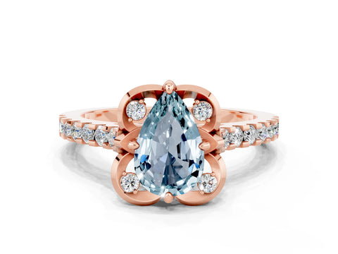 Rose gold Pear Cut Aquamarine Ring with Pavé Band and Floral Prong Setting