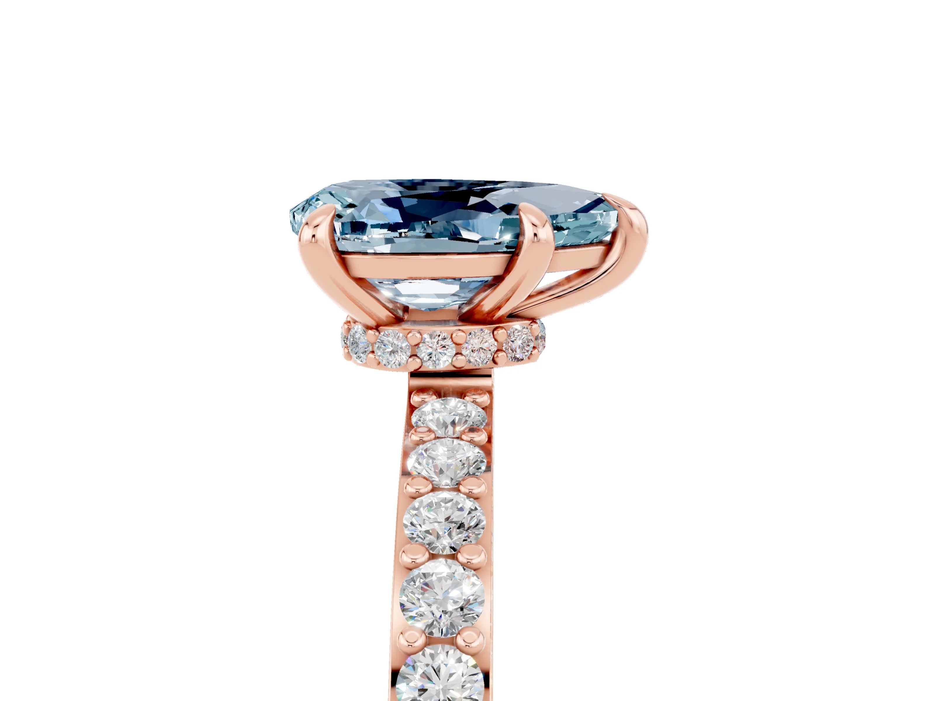 Rose gold Pear Cut Aquamarine Ring with Pavé Band and Four-Prong Setting_5