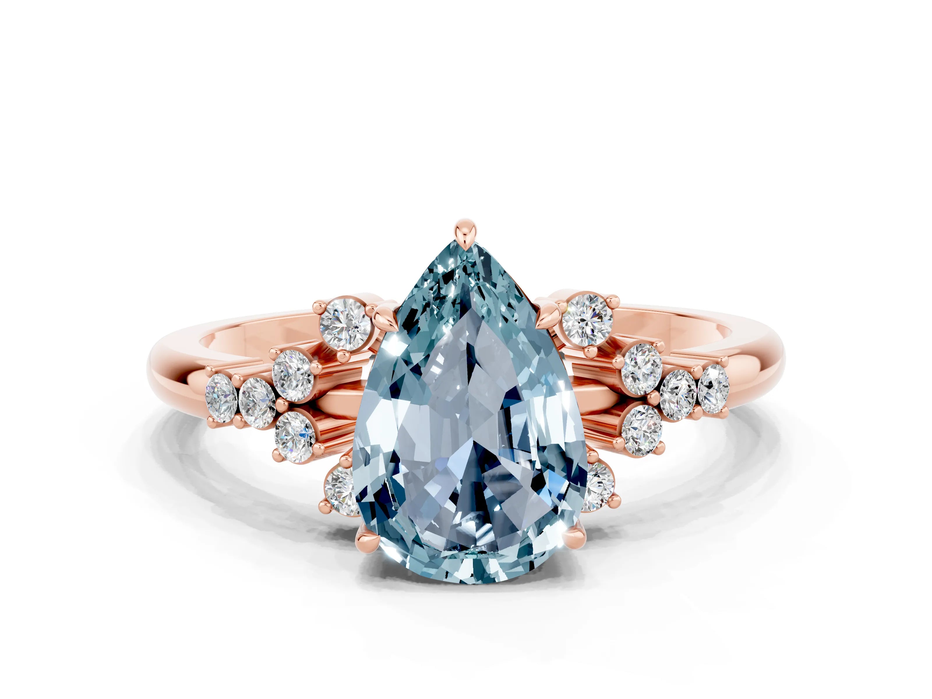 Rose gold Pear Cut Aquamarine Ring with Side Stones and Four-Prong Setting_36
