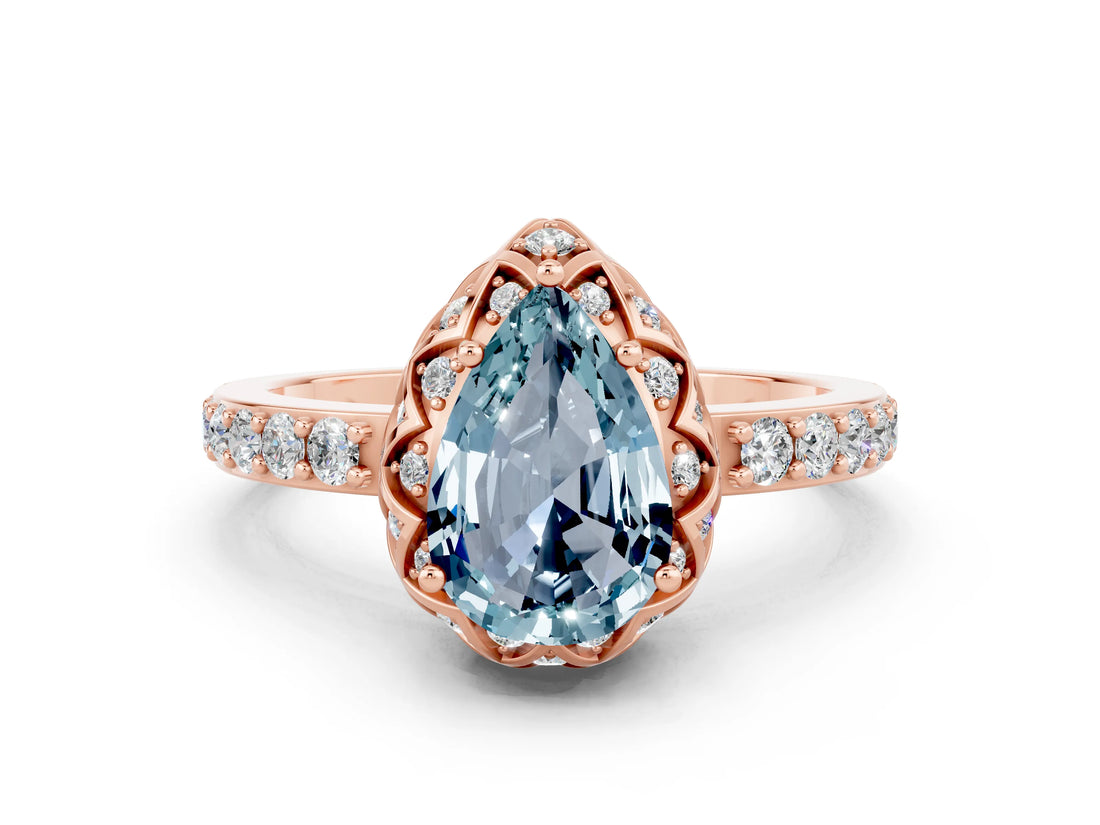 Rose gold Pear Cut Aquamarine Scalloped Halo Engagement Ring with Round Shared Prong Band_24