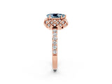 Rose gold Pear Cut Aquamarine Scalloped Halo Engagement Ring with Round Shared Prong Band_26