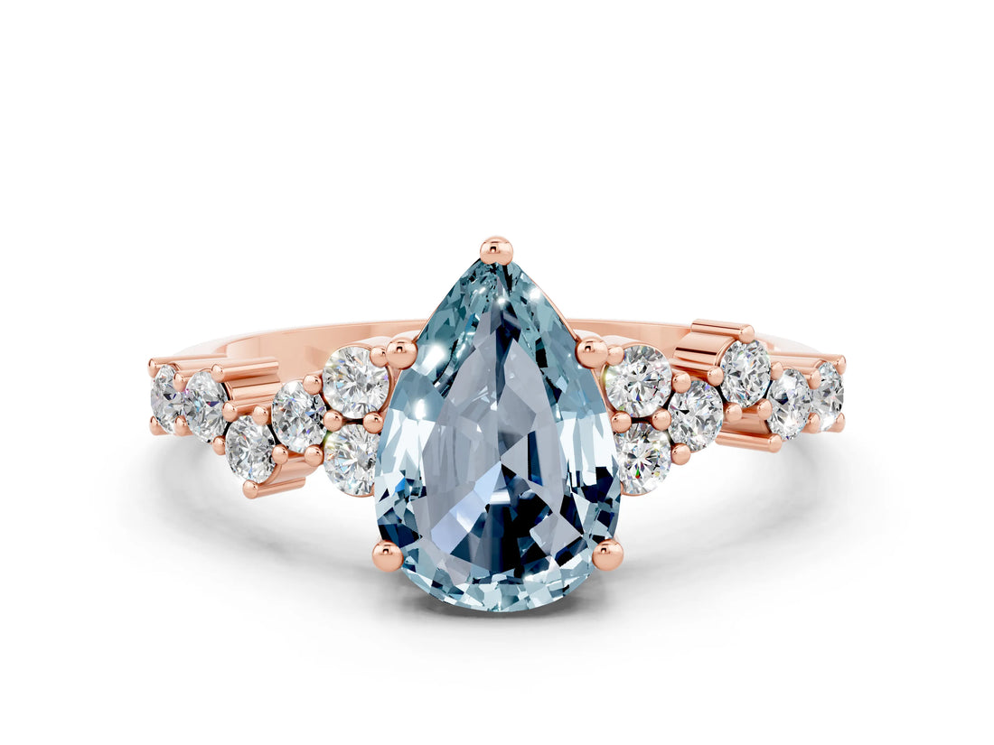 Rose gold Pear Cut Aquamarine Scattered Round Accent Ring with Prong Setting_12