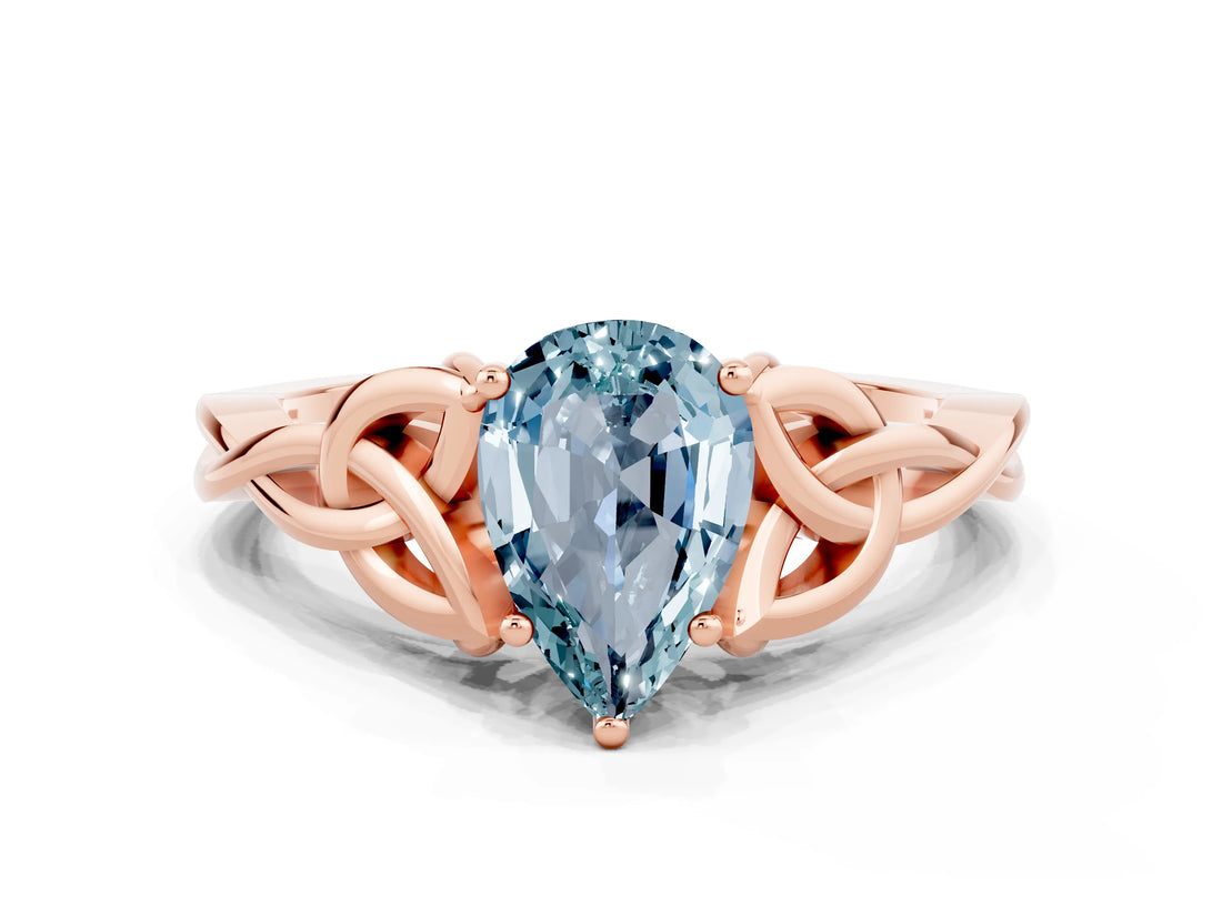 Rose gold Pear Cut Aquamarine Solitaire Celtic Knot Ring with Four-Prong Setting_12