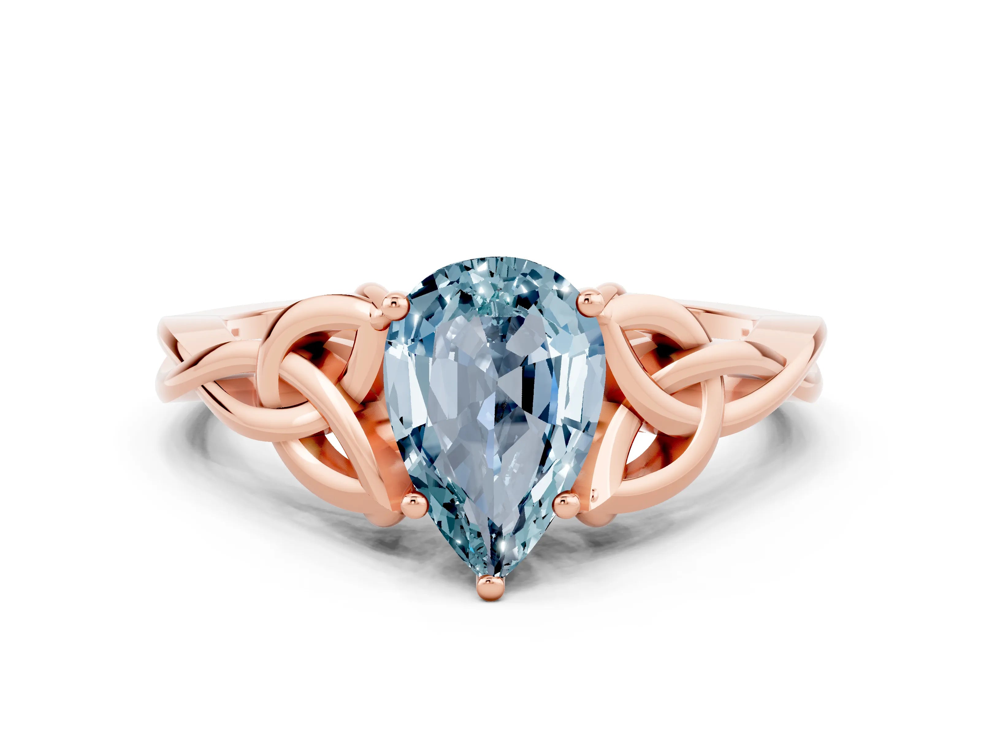 Rose gold Pear Cut Aquamarine Solitaire Engagement Ring with Celtic Knot Band and Four-Prong Setting