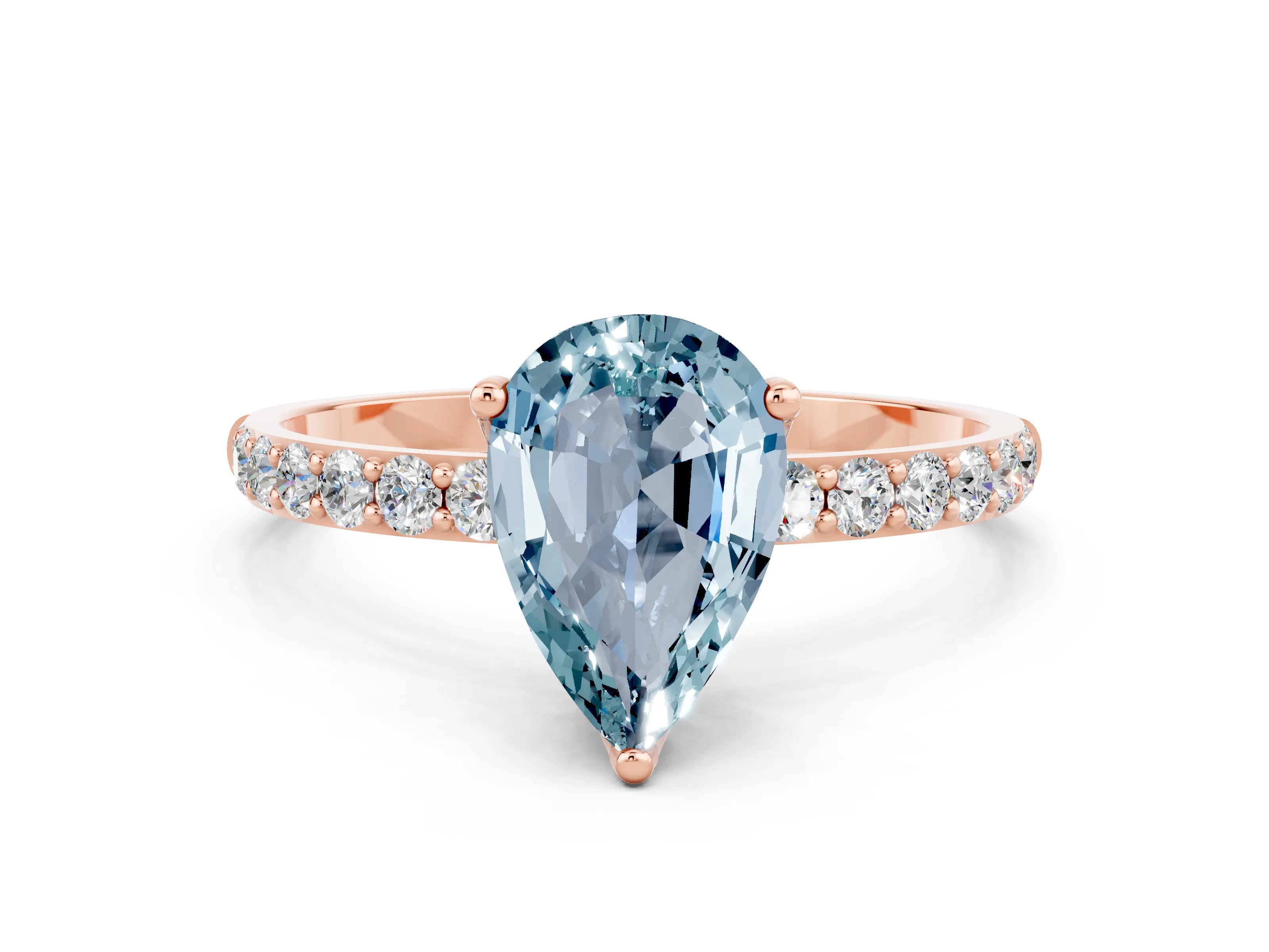Rose gold Pear Cut Aquamarine Solitaire Engagement Ring with Pavé Band and Prong Setting