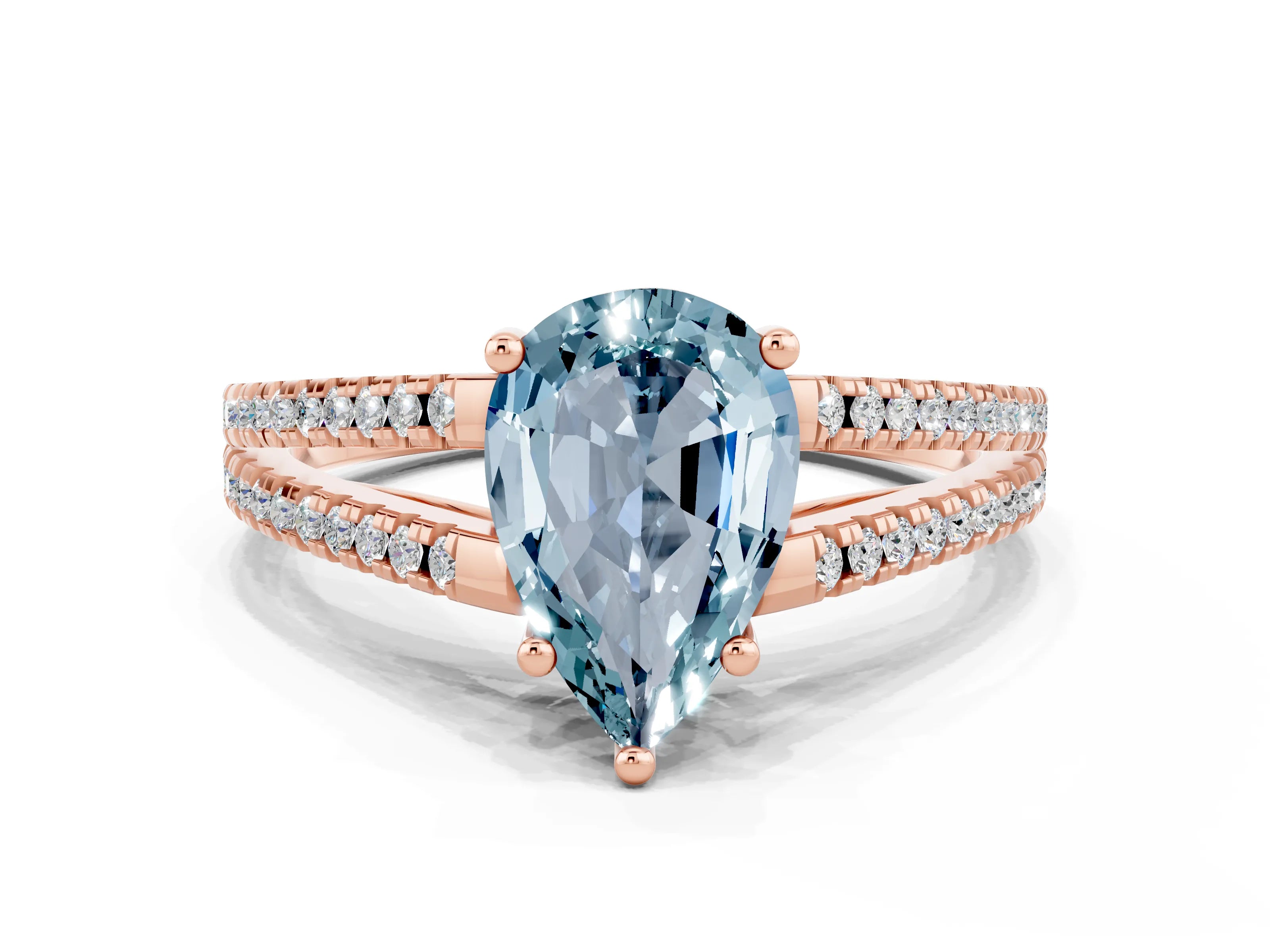 Rose gold Pear Cut Aquamarine Solitaire Engagement Ring with Split Shank Pavé Band