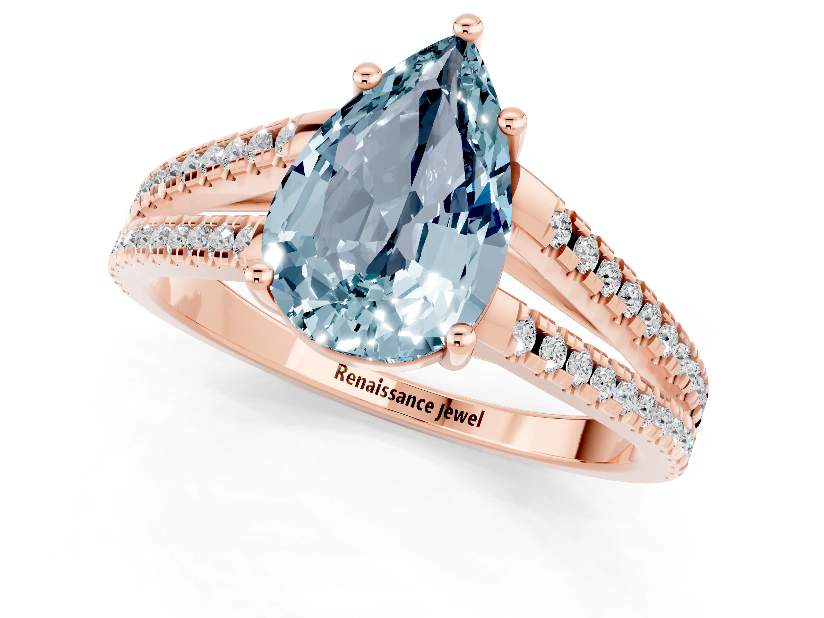 Rose gold Pear Cut Aquamarine Solitaire Engagement Ring with Split Shank Pavé Band_1