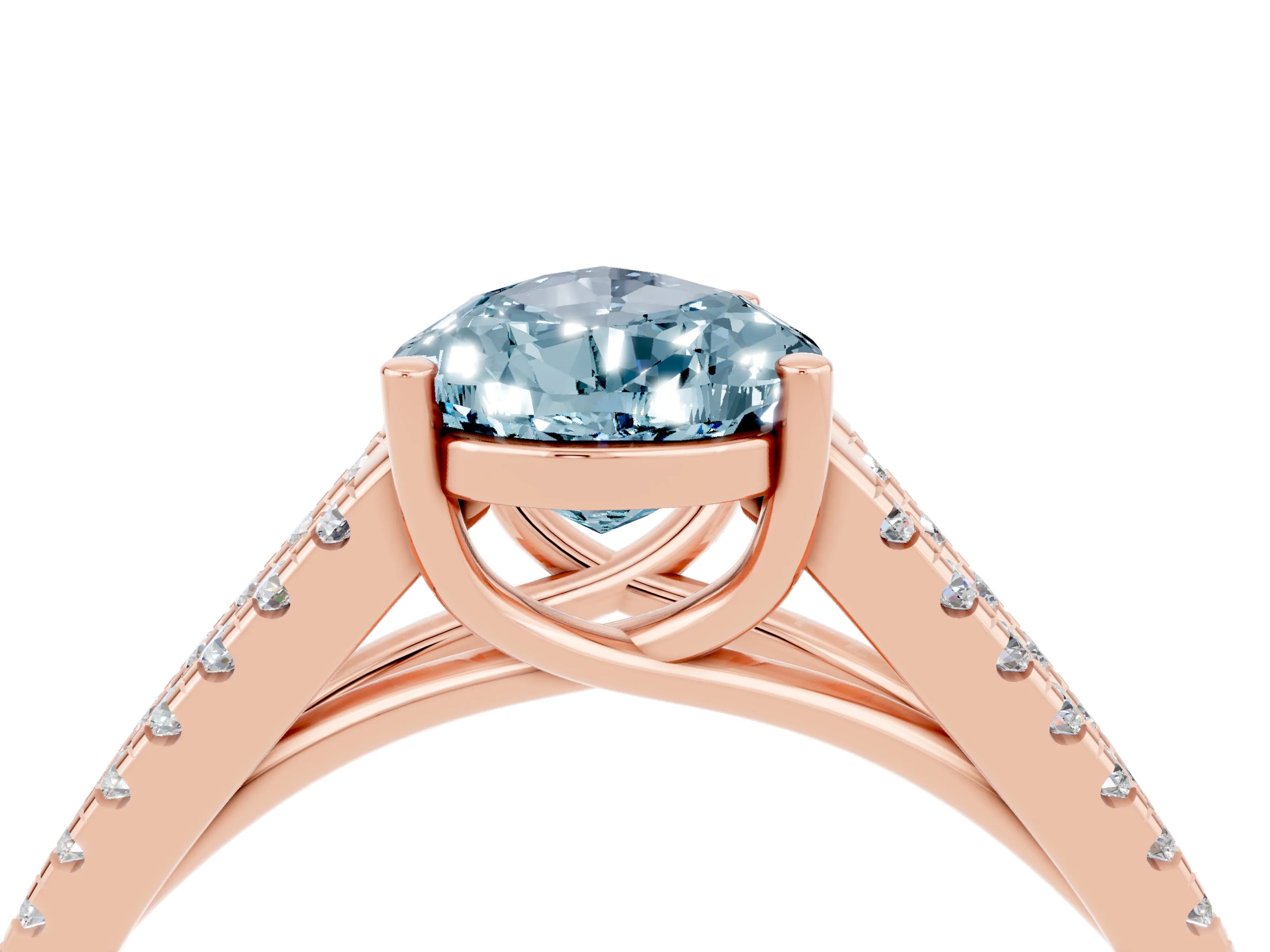 Rose gold Pear Cut Aquamarine Solitaire Engagement Ring with Split Shank Pavé Band_4