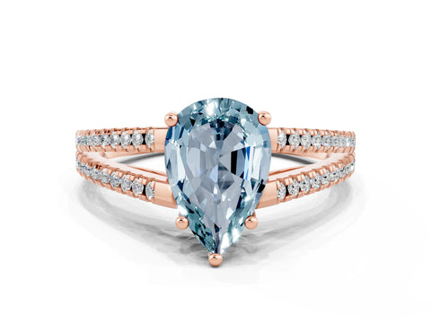 Rose gold Pear Cut Aquamarine Solitaire Engagement Ring with Split Shank Pavé Band