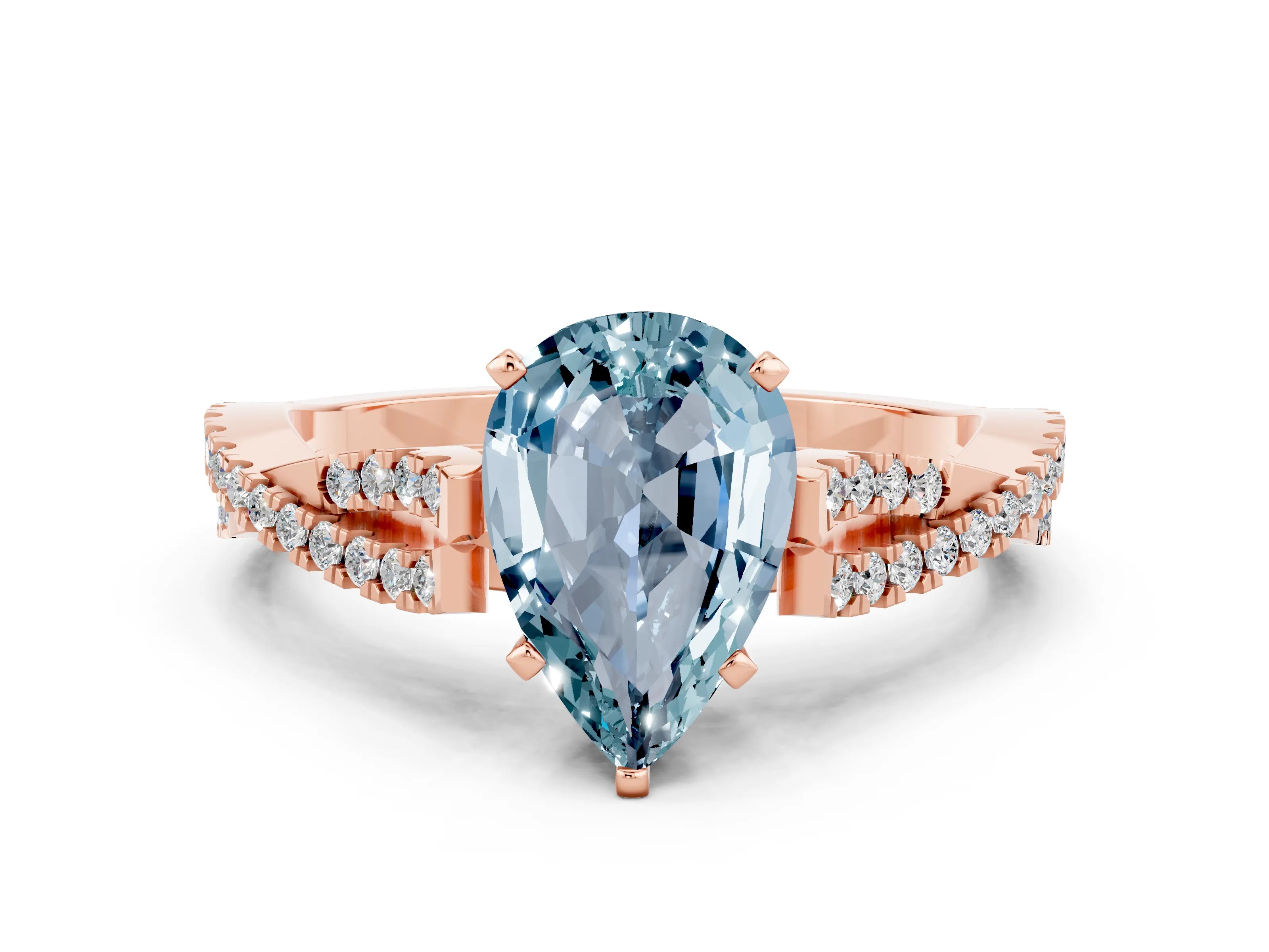 Rose gold Pear Cut Aquamarine Solitaire Engagement Ring with Twisted Pavé Band and Four-Prong Setting