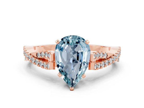 Rose gold Pear Cut Aquamarine Solitaire Engagement Ring with Twisted Pavé Band and Four-Prong Setting