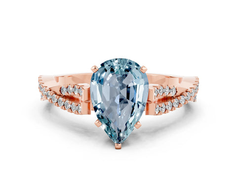 Rose gold Pear Cut Aquamarine Solitaire Engagement Ring with Twisted Pavé Band and Four-Prong Setting