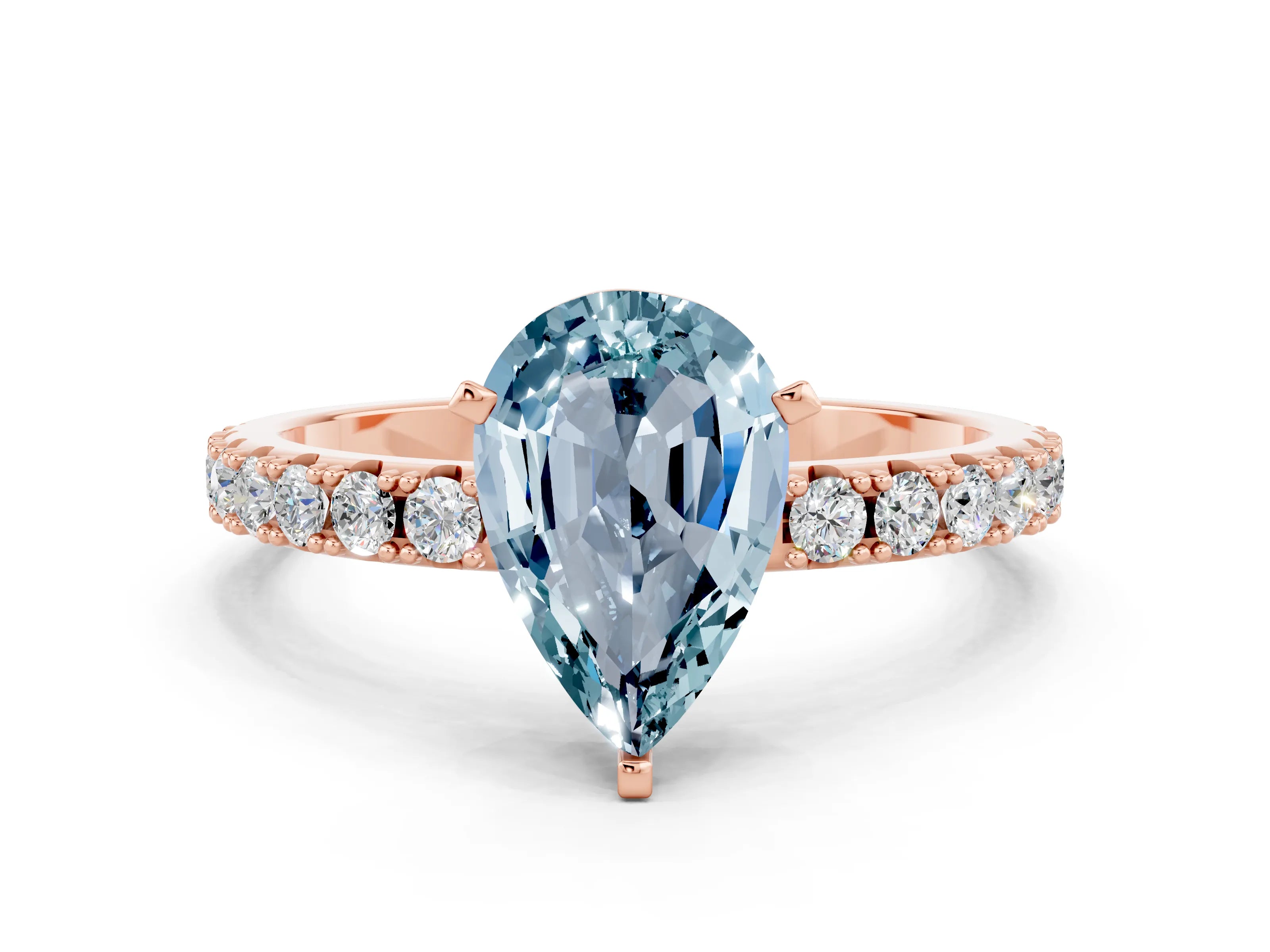 Rose gold Pear Cut Aquamarine Solitaire Pavé Band with Four-Prong Setting