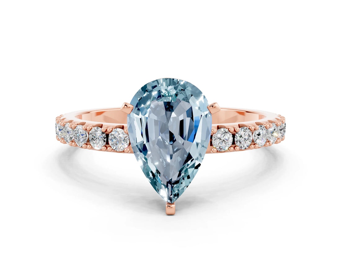 Rose gold Pear Cut Aquamarine Solitaire Pavé Band with Four-Prong Setting