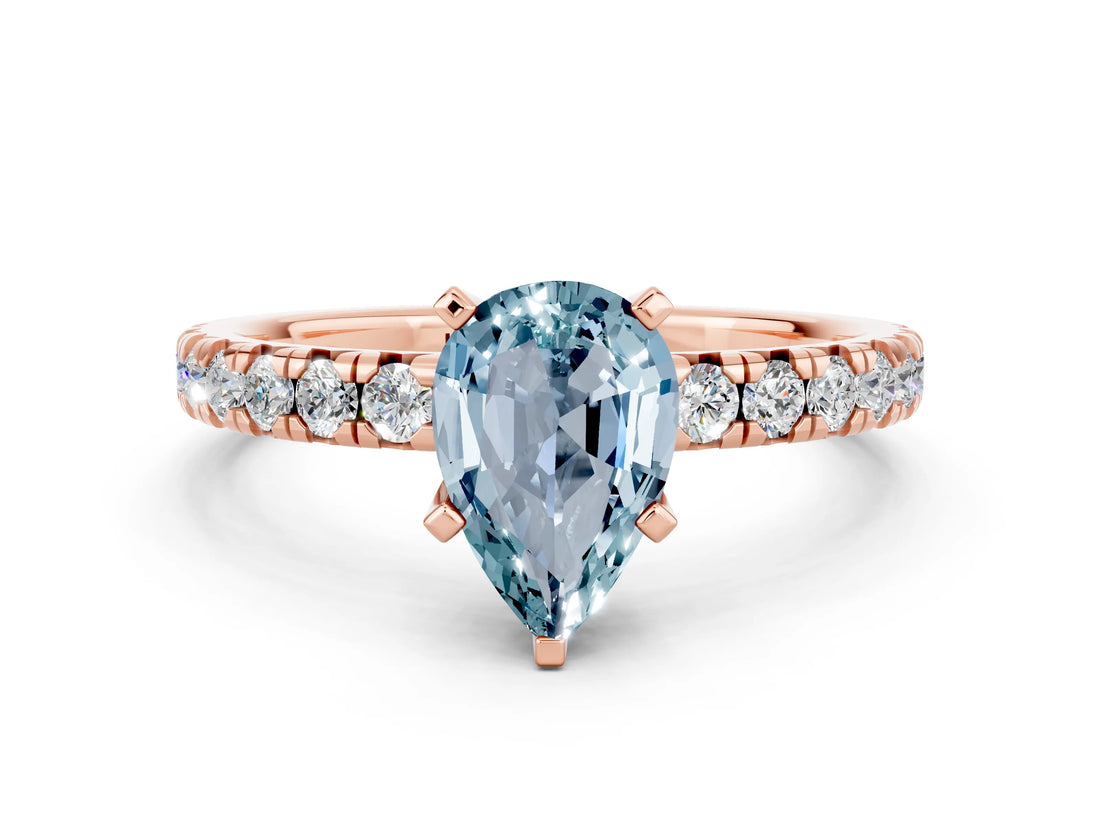 Rose gold Pear Cut Aquamarine Solitaire Pavé Engagement Ring with Round Band and Prong Setting_78