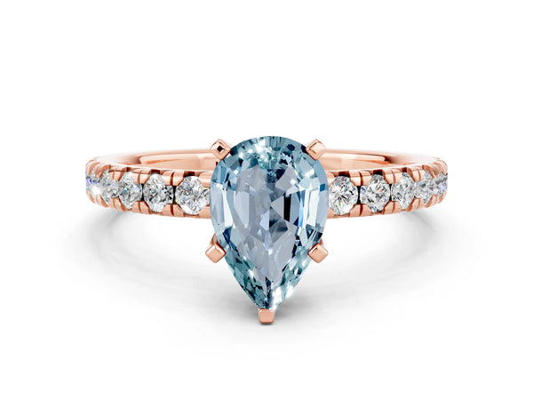 Rose gold Pear Cut Aquamarine Solitaire Pavé Engagement Ring with Round Band and Prong Setting