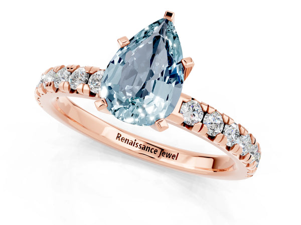 Rose gold Pear Cut Aquamarine Solitaire Pavé Engagement Ring with Round Band and Prong Setting