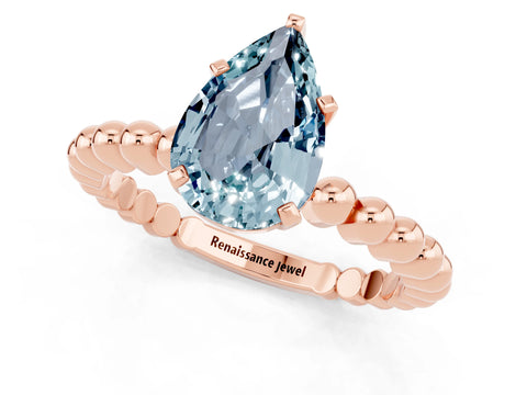 Rose gold Pear Cut Aquamarine Solitaire Ring with Beaded Band and Prong Setting_1