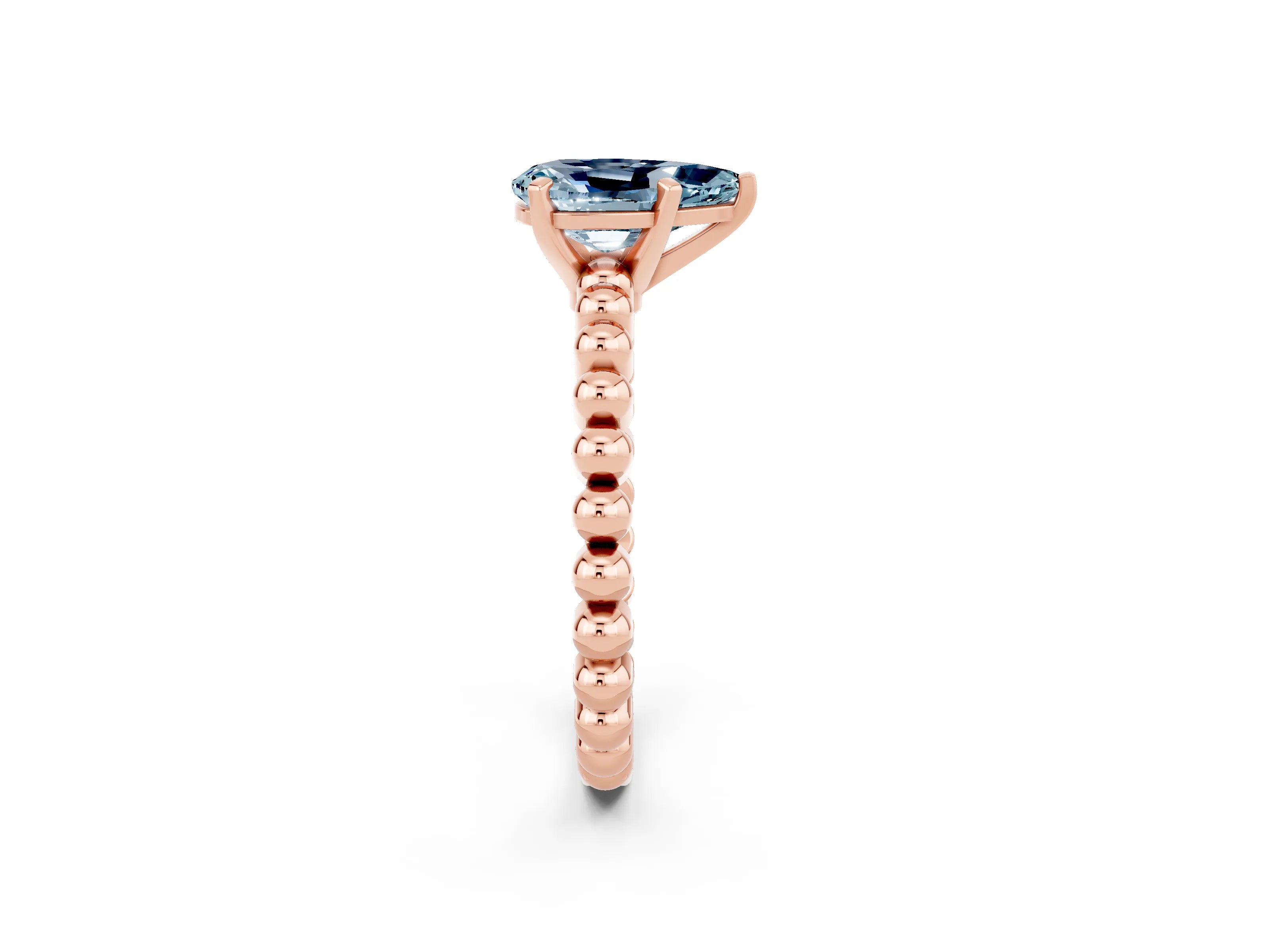 Rose gold Pear Cut Aquamarine Solitaire Ring with Beaded Band and Prong Setting_2