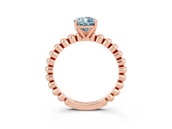 Rose gold Pear Cut Aquamarine Solitaire Ring with Beaded Band and Prong Setting