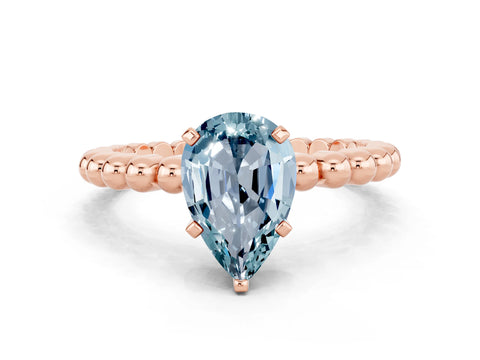 Rose gold Pear Cut Aquamarine Solitaire Ring with Beaded Band and Prong Setting