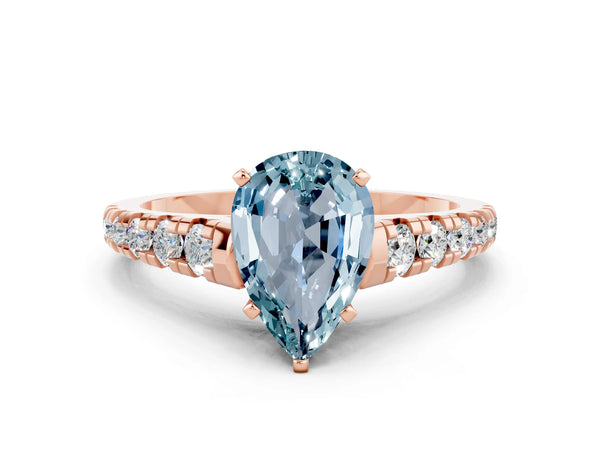 Rose gold Pear Cut Aquamarine Cathedral Solitaire Ring with Round  Pavé Band