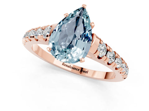 Rose gold Pear Cut Aquamarine Solitaire Ring with Cathedral Setting and Pavé Band_1