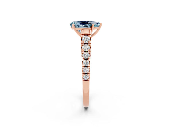 Rose gold Pear Cut Aquamarine Cathedral Solitaire Ring with Round  Pavé Band