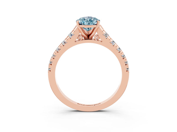 Rose gold Pear Cut Aquamarine Cathedral Solitaire Ring with Round  Pavé Band