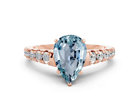Rose gold Pear Cut Aquamarine Solitaire Ring with Cathedral Setting and Pavé Band