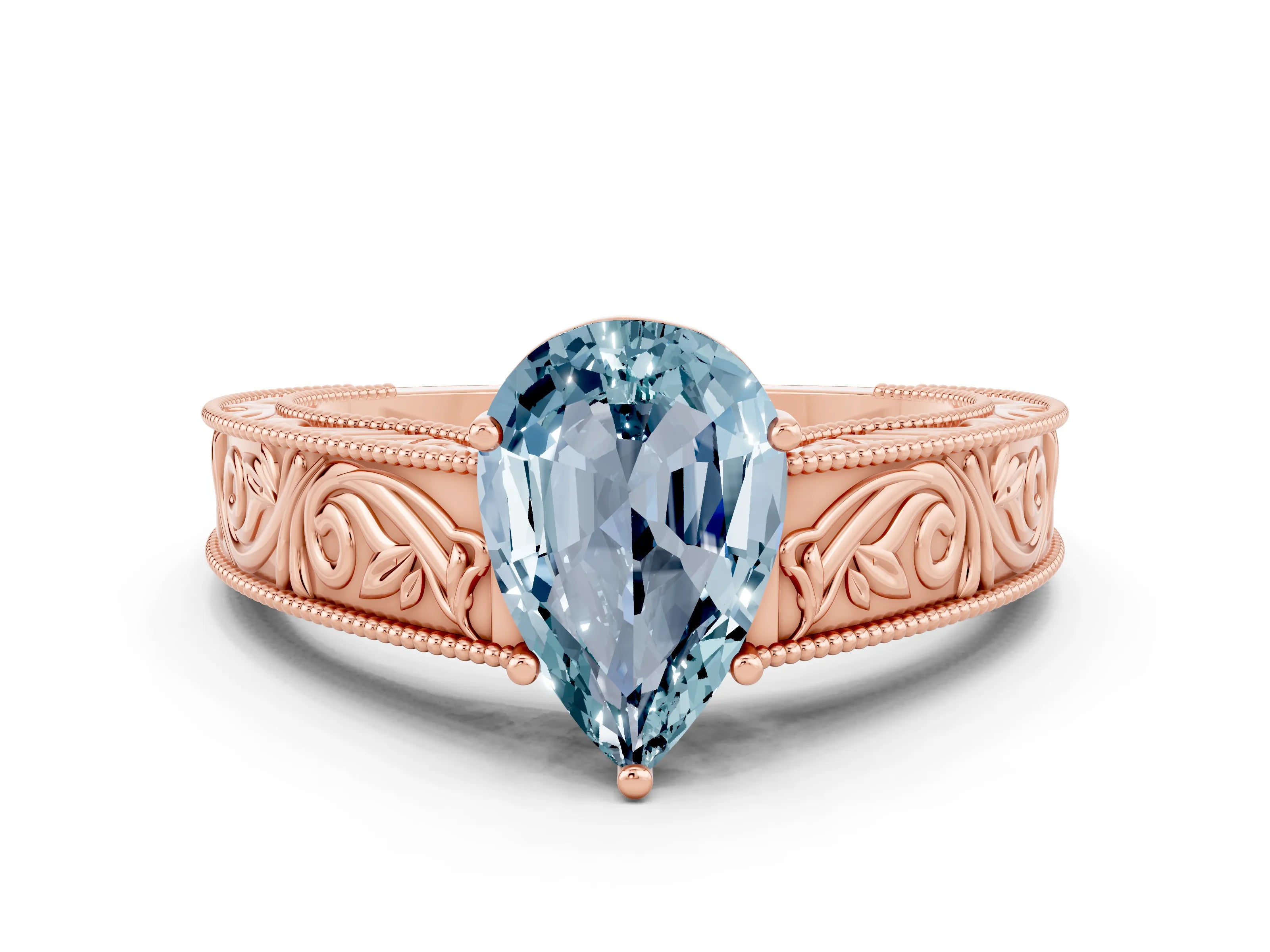 Rose gold Pear Cut Aquamarine Solitaire Ring with Engraved Band and Four-Prong Setting