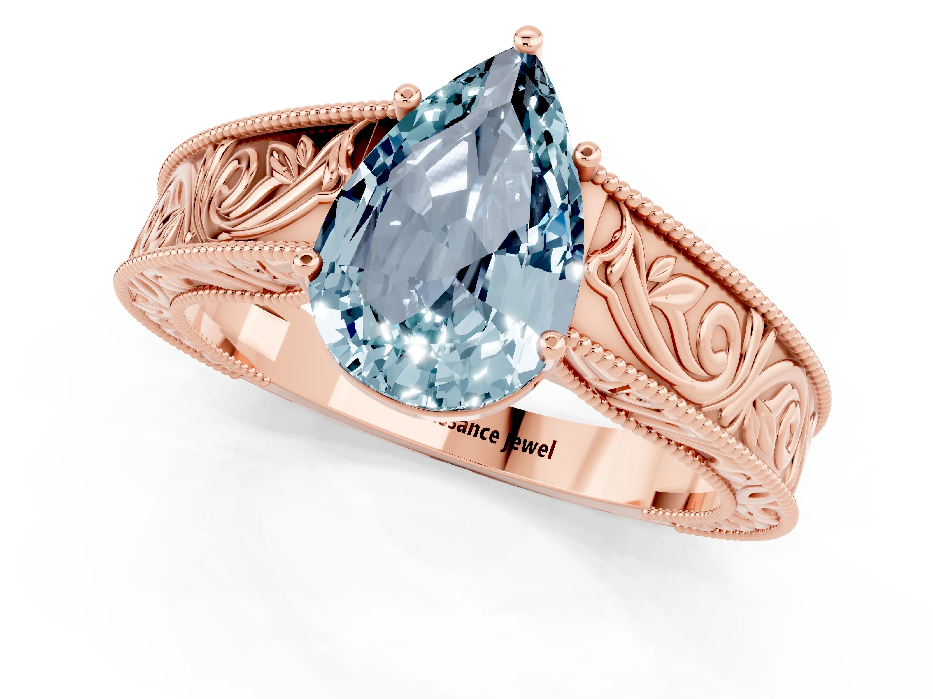 Rose gold Pear Cut Aquamarine Solitaire Ring with Engraved Band and Four-Prong Setting_1