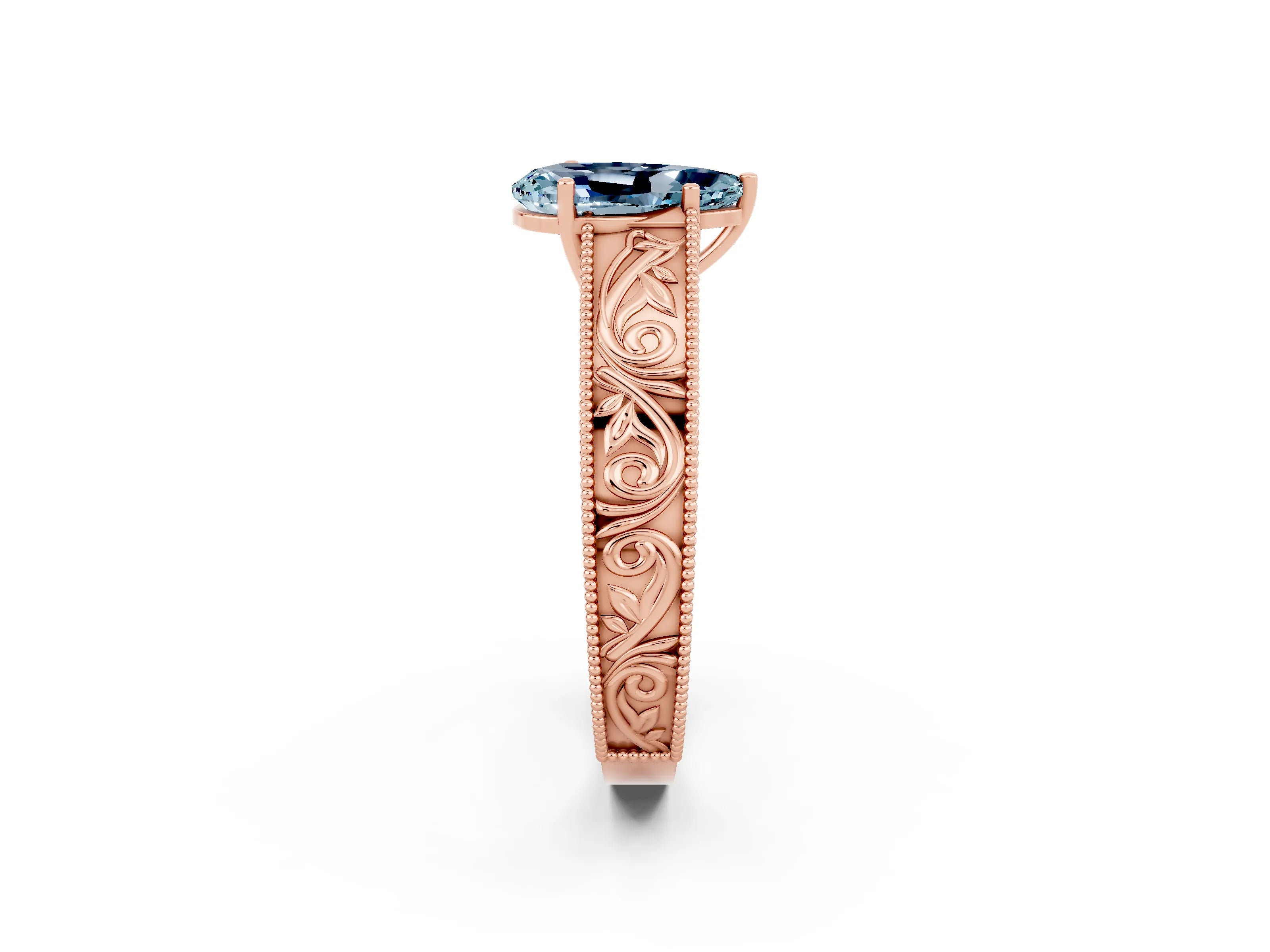 Rose gold Pear Cut Aquamarine Solitaire Ring with Engraved Band and Four-Prong Setting_2