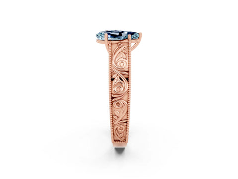 Rose gold Pear Cut Aquamarine Solitaire Ring with Engraved Band and Four-Prong Setting_2