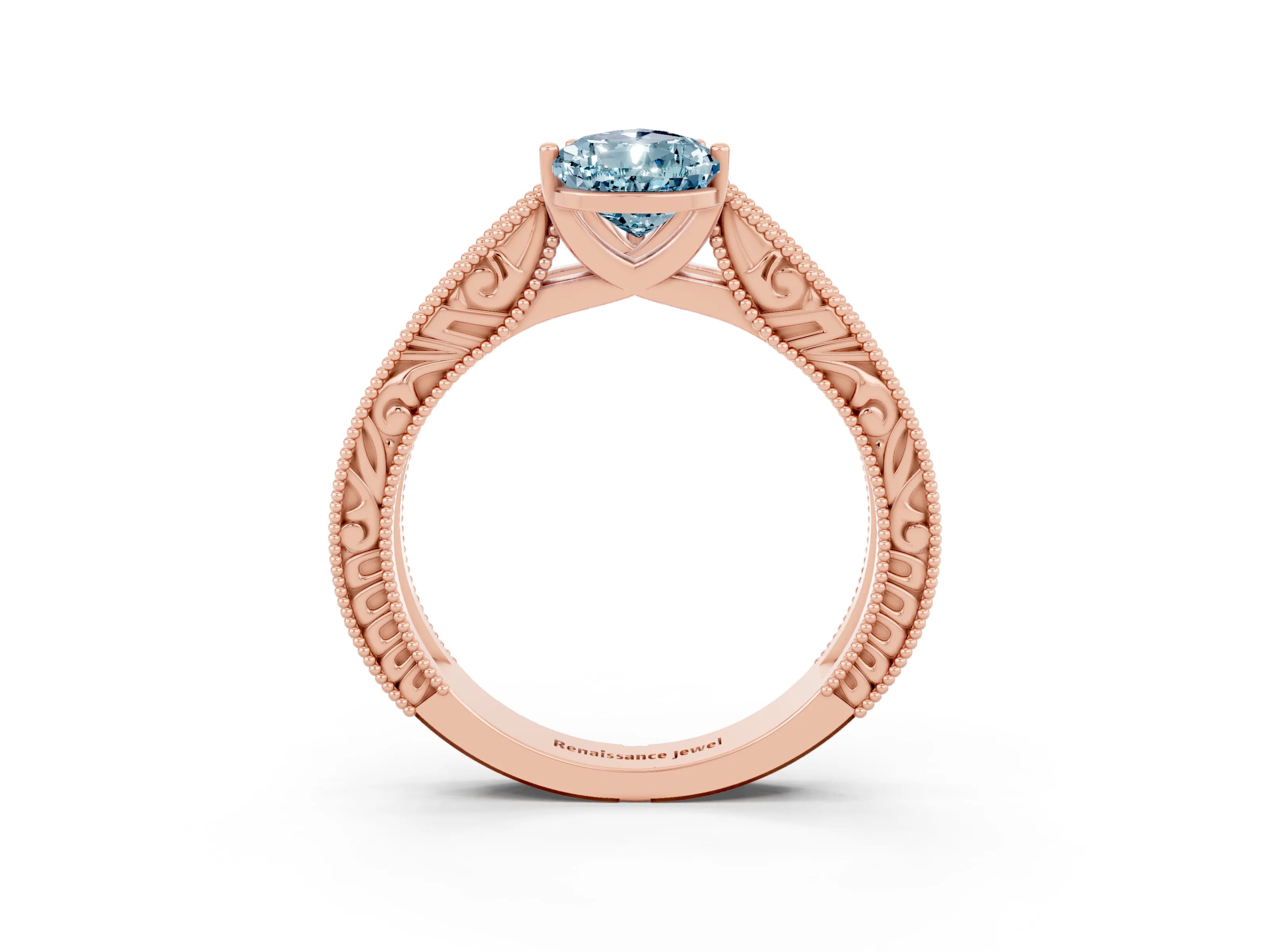 Rose gold Pear Cut Aquamarine Solitaire Ring with Engraved Band and Four-Prong Setting_3