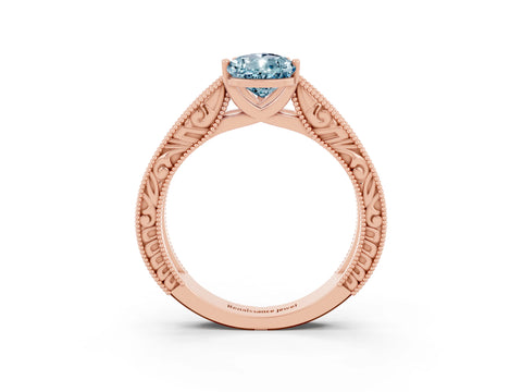 Rose gold Pear Cut Aquamarine Solitaire Ring with Engraved Band and Four-Prong Setting_3