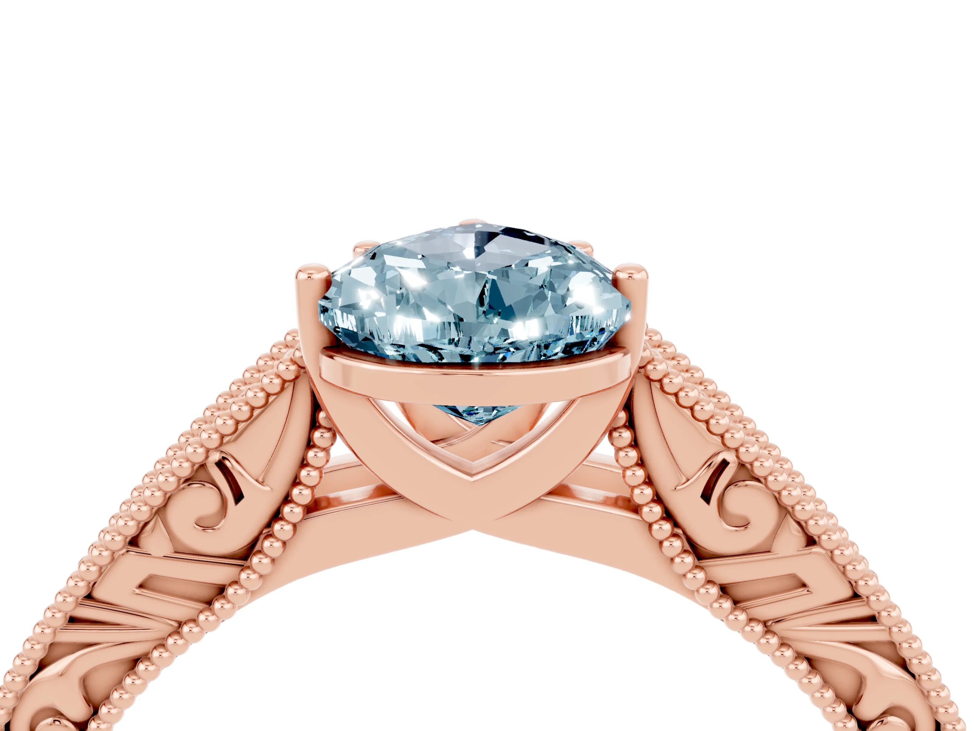 Rose gold Pear Cut Aquamarine Solitaire Ring with Engraved Band and Four-Prong Setting_4