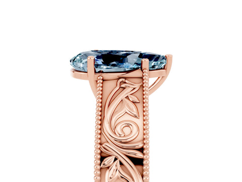 Rose gold Pear Cut Aquamarine Solitaire Ring with Engraved Band and Four-Prong Setting_5
