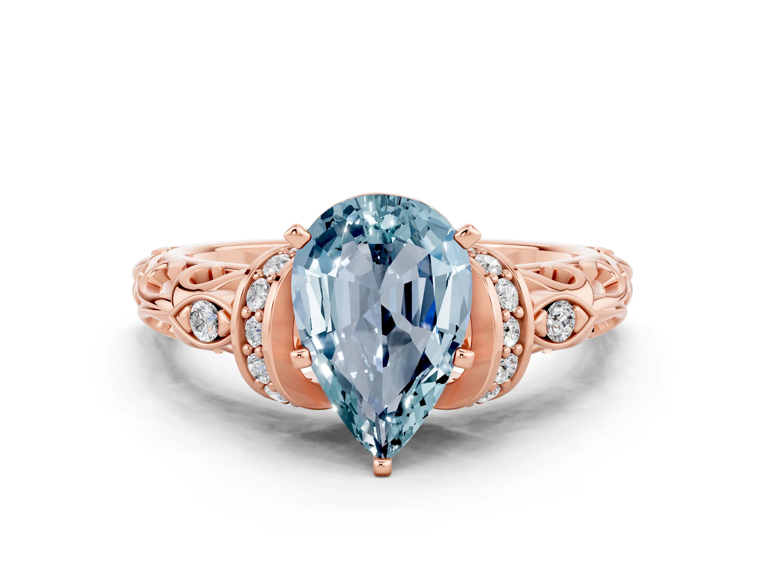Rose gold Pear Cut Aquamarine Solitaire Ring with Filigree Band and Four-Prong Setting_24