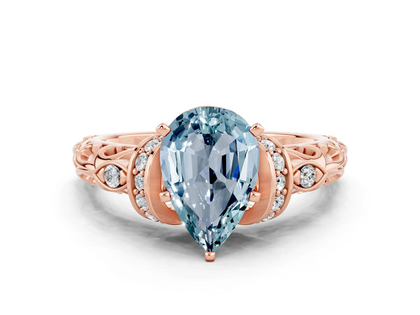 Rose gold Pear Cut Aquamarine Solitaire Ring with Filigree Band and Four-Prong Setting