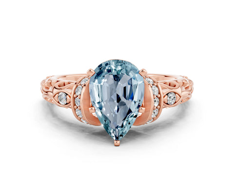Rose gold Pear Cut Aquamarine Solitaire Ring with Filigree Band and Four-Prong Setting_24