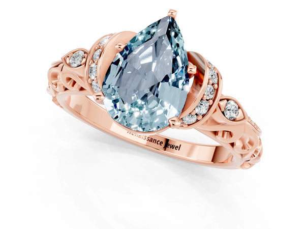 Rose gold Pear Cut Aquamarine Solitaire Ring with Filigree Band and Four-Prong Setting