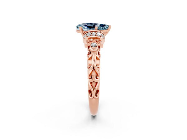 Rose gold Pear Cut Aquamarine Solitaire Ring with Filigree Band and Four-Prong Setting