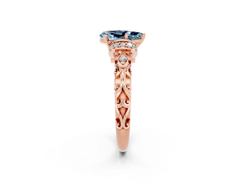 Rose gold Pear Cut Aquamarine Solitaire Ring with Filigree Band and Four-Prong Setting_26