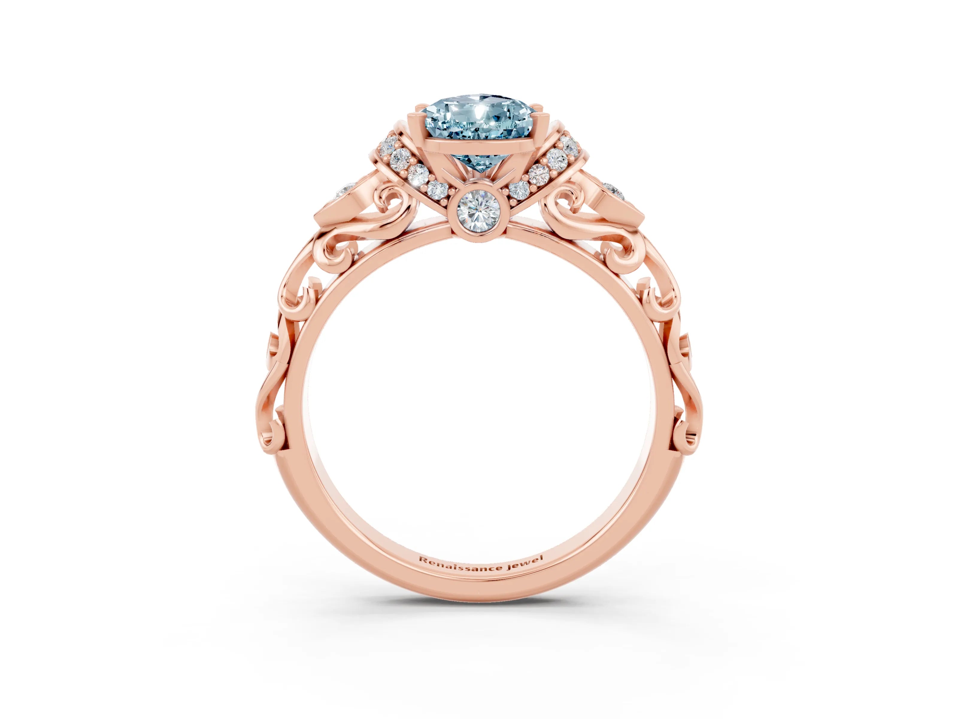 Rose gold Pear Cut Aquamarine Solitaire Ring with Filigree Band and Four-Prong Setting_27