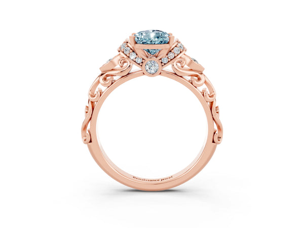 Rose gold Pear Cut Aquamarine Solitaire Ring with Filigree Band and Four-Prong Setting