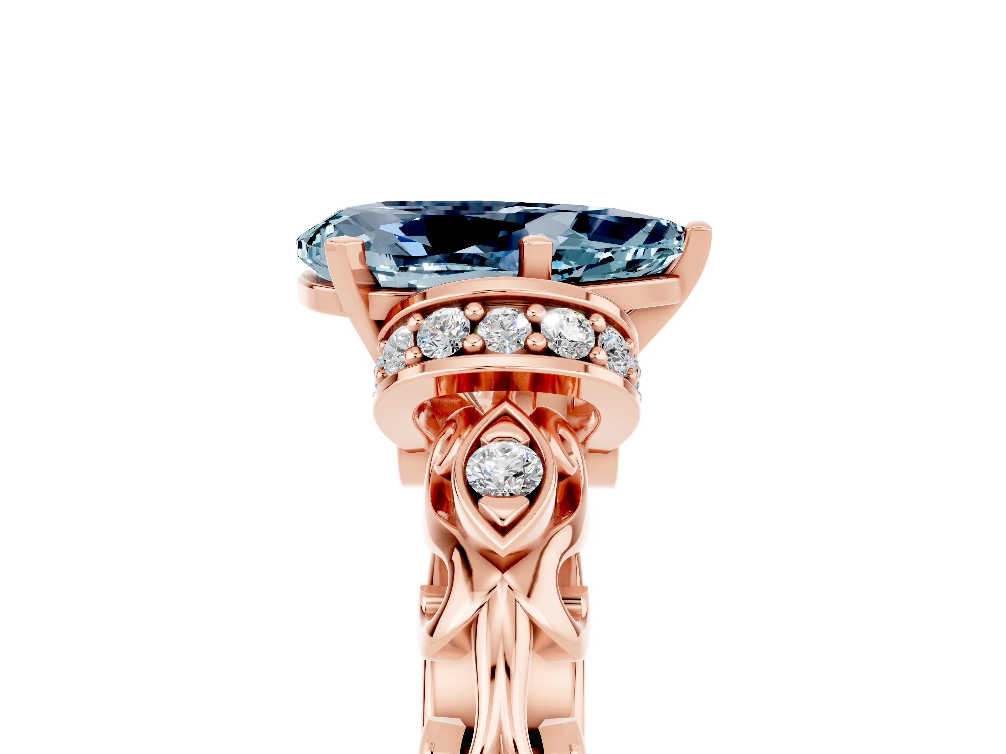 Rose gold Pear Cut Aquamarine Solitaire Ring with Filigree Band and Four-Prong Setting_29