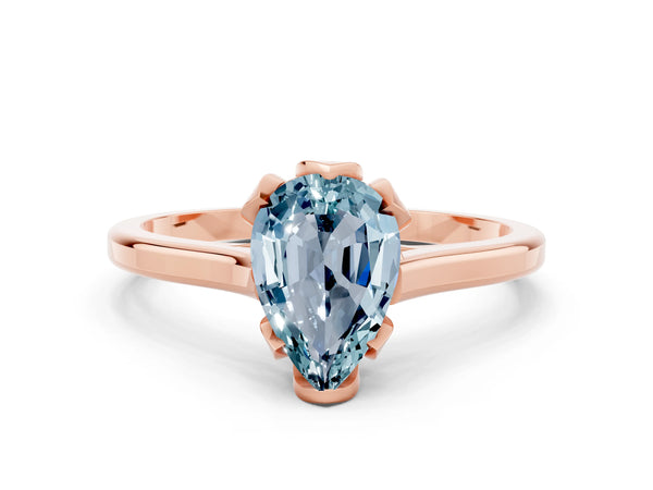 Rose gold Pear Cut Aquamarine Solitaire Ring with Flower Prong Setting and Classic Band